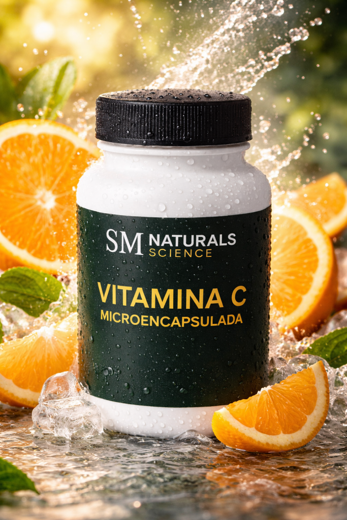 Bote de Vitamina C Microencapsulada SM Naturals Science con naranjas frescas